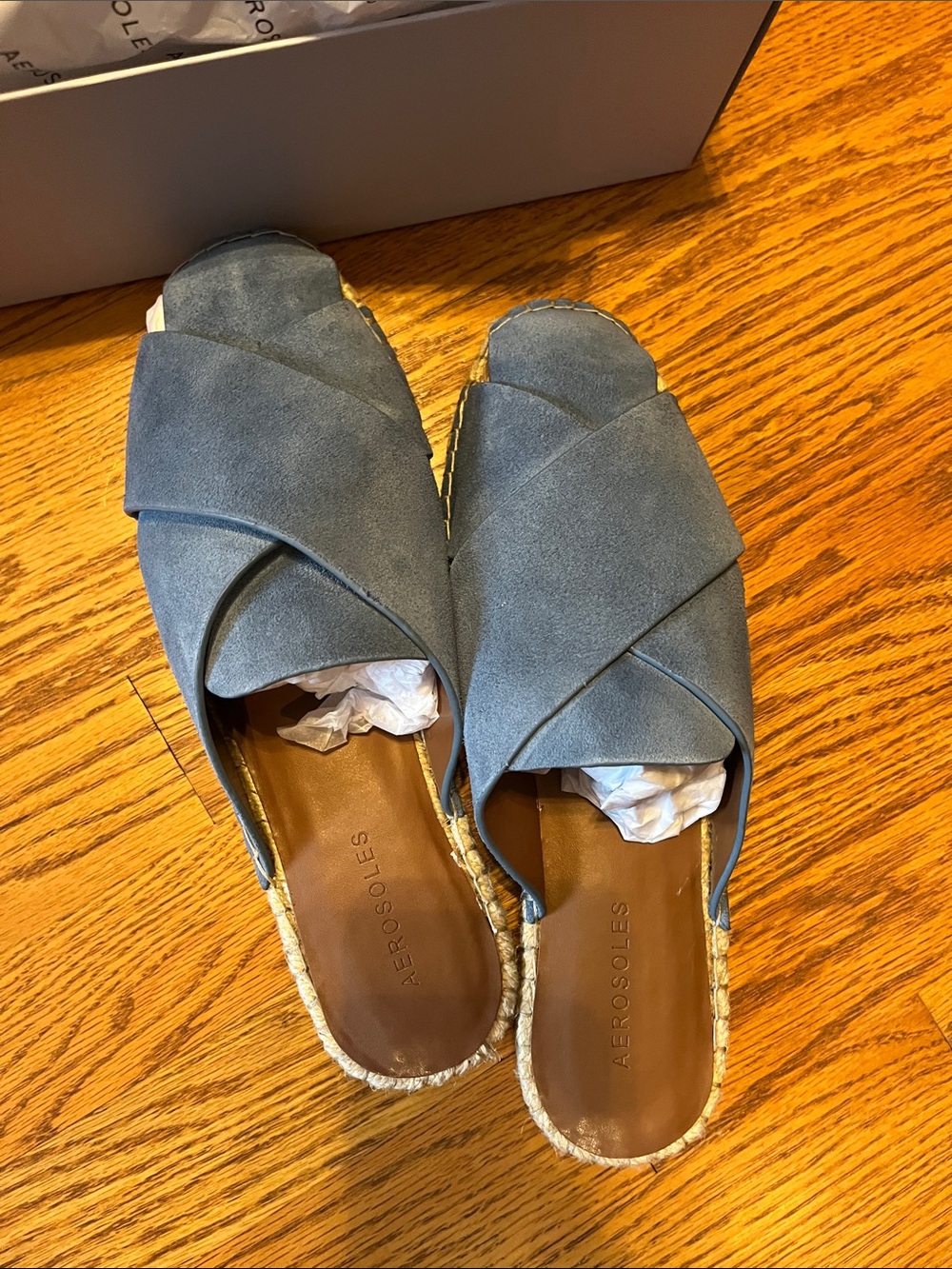 AEROSOLES Slate Blue Suede Crisscross Espadrille Mule